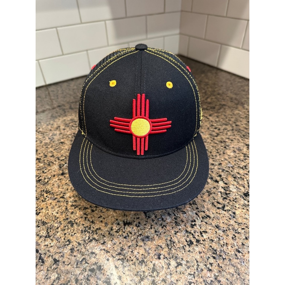 New Mexico Aksels Zia Sun Trucker Hat Black Red Yellow Mesh Snapback Cap